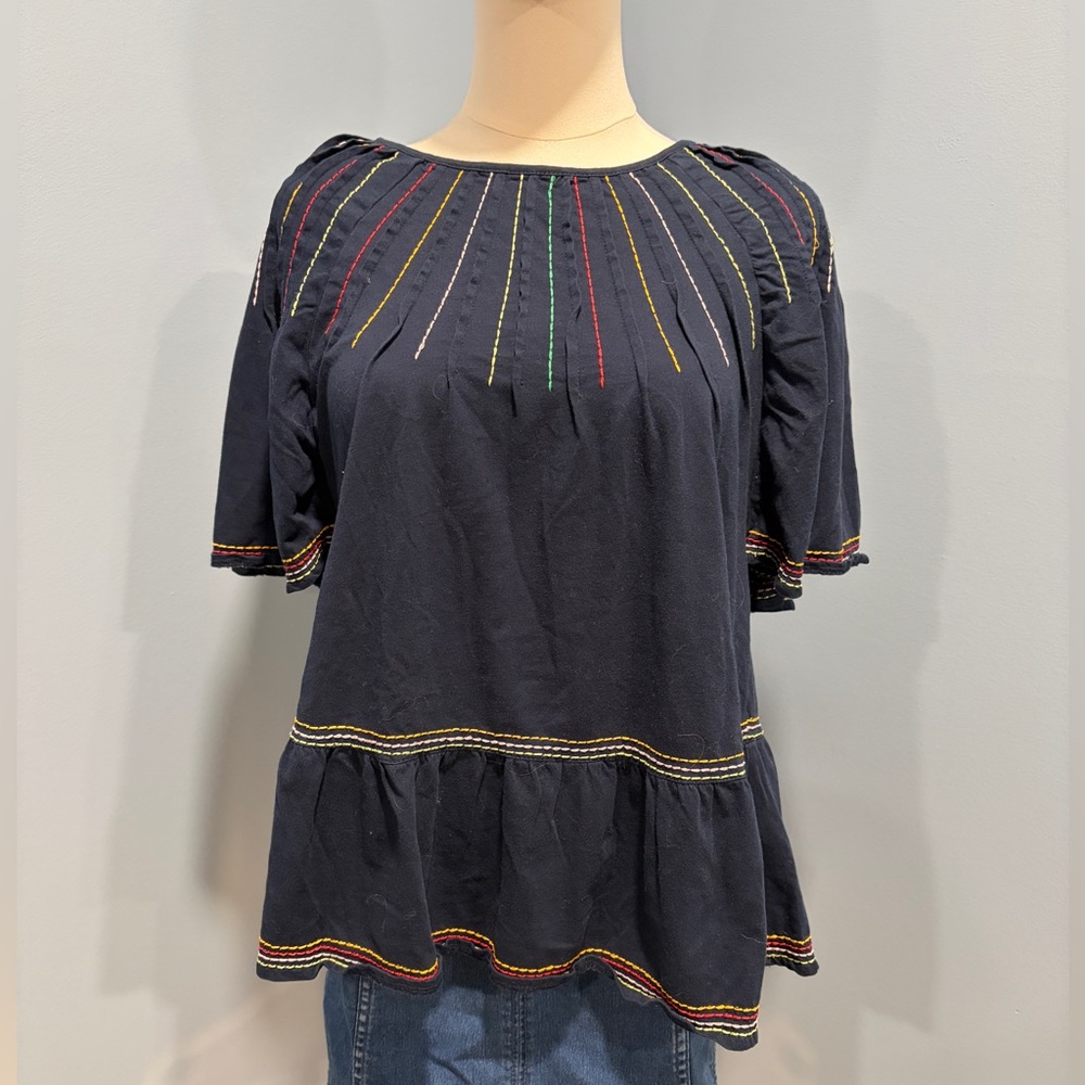 Maeve Anthropologie Navy Embroidered Peasant Blouse XS Boho